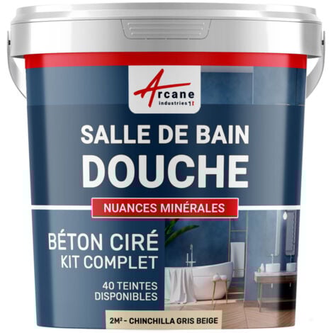 Béton ciré salle de bain douche italienne pièce d'eau KIT BETON CIRE SALLE DE BAINS - DOUCHE ITALIENNE - 2 m² (en 2 couches) Chinchilla Gris Beige - ARCANE INDUSTRIES