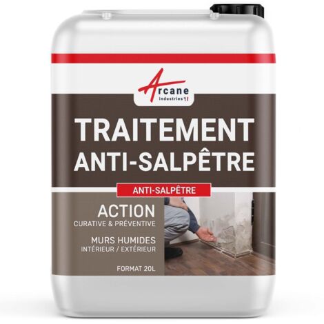 Arcane Industries – Antisalpêtre hydrofuge 20 L – Traitement salpêtre pour murs humides – Efficace jusqu'à 80 m² – Compatible plâtre, ciment, béton