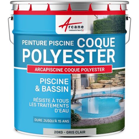 Peinture piscine, coque polyester, peinture hydrofuge, imperméabilisante, piscine et bassin - 20 kg (jusqu'à 65m² en 2 couches) Gris Clair - RAL 7035 - ARCANE INDUSTRIES