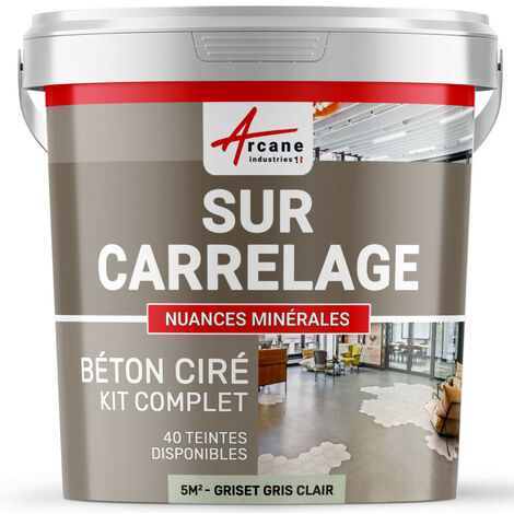 Béton ciré sur carrelage, cuisine, salle de bain, mural, sol, plan de travail, décoratif, revêtement, douche, kit - 5 m² (en 2 couches) Griset Gris Clair - ARCANE INDUSTRIES