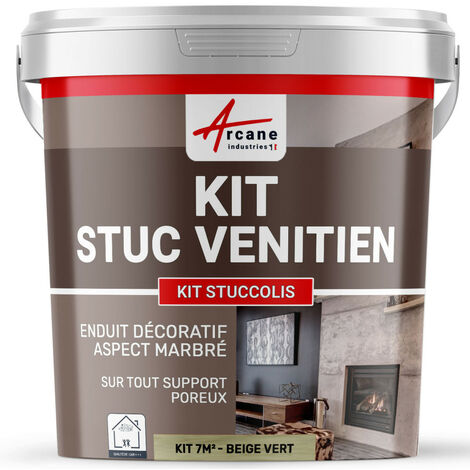 Arcane Industries – Kit stuc décoratif spatulable jusqu'à 7 m² – Enduit minéral beige vert – Excellente accroche et pérennité esthétique