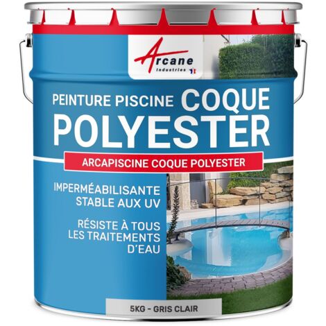 Arcane Industries – Peinture piscine coque polyester 5 kg – Polyuréthane aliphatique – Gris clair RAL 7035 – Résistante aux traitements d'eau – Application facile