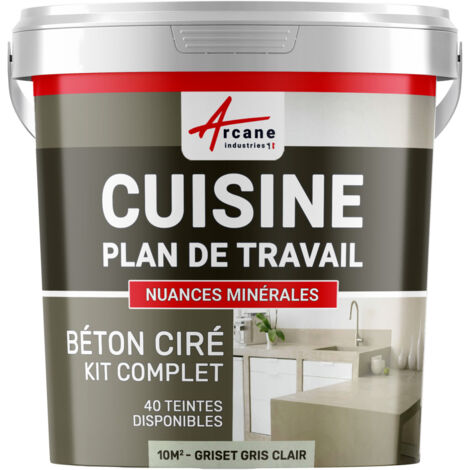 Béton ciré cuisine, plan de travail, crédence, évier sol et mur revêtement mural décoratif kit complet - 10 m² (en 2 couches) Griset Gris Clair - ARCANE INDUSTRIES