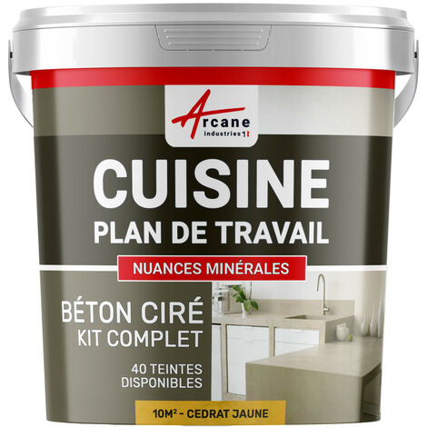 Béton ciré cuisine, plan de travail, crédence, évier sol et mur revêtement mural décoratif kit complet - 10 m² (en 2 couches) Cédrat Jaune - ARCANE INDUSTRIES