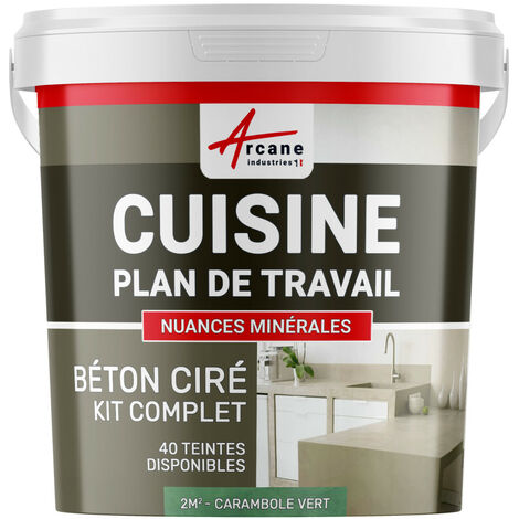Béton ciré cuisine, plan de travail, crédence, évier sol et mur revêtement mural décoratif kit complet - 2 m² (en 2 couches) Carambole Vert - ARCANE INDUSTRIES