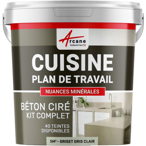 Béton ciré cuisine, plan de travail, crédence, évier sol et mur revêtement mural décoratif kit complet - 5 m² (en 2 couches) Griset Gris Clair - ARCANE INDUSTRIES