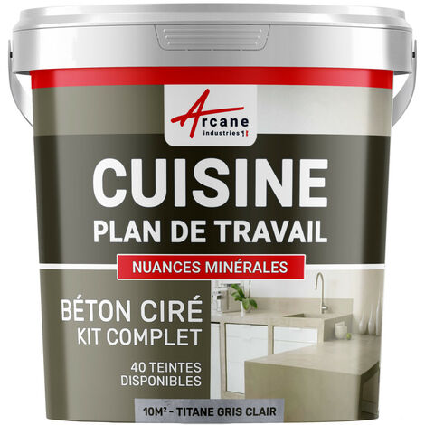 Béton ciré cuisine, plan de travail, crédence, évier sol et mur revêtement mural décoratif kit complet - 10 m² (en 2 couches) Titane Gris Clair - ARCANE INDUSTRIES