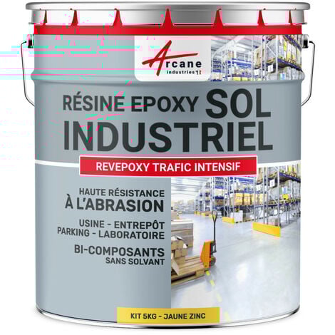 Peinture sol - Résine Epoxy - Revêtement Sol Industriel et Sol Béton, usine, parking - REVEPOXY TRAFIC INTENSIF - 5 Kg (jusqu'à 10 m² en 2 couches) Jaune Zinc - RAL 1018 - ARCANE INDUSTRIES