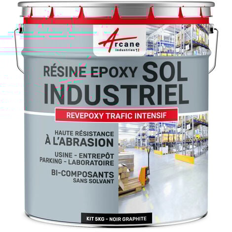 Peinture sol - Résine Epoxy - Revêtement Sol Industriel et Sol Béton, usine, parking - REVEPOXY TRAFIC INTENSIF - 5 Kg (jusqu'à 10 m² en 2 couches) Noir Graphite - RAL 9011 - ARCANE INDUSTRIES
