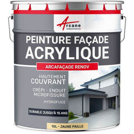Arcane Industries – Peinture façade acrylique étanche – 10 L – Couleur jaune paille RAL 085 90 30 – Durabilité jusqu'à 15 ans – Anti faïençage