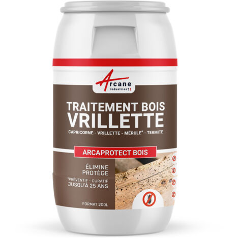 Arcane Industries – Traitement anti-vrillette bois 200 L – Protection durable jusqu'à 25 ans – Incolore et non gras – Pour tous types de bois