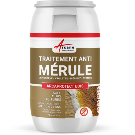 Arcane Industries – Traitement anti-mérule pour bois extérieur et intérieur – 200 L – Protection durable jusqu'à 25 ans – Application en 2 couches