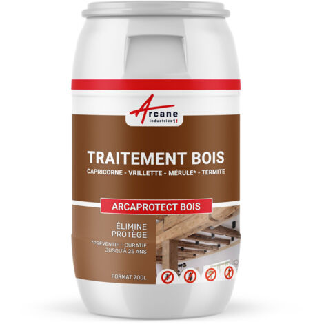 Arcane Industries – Traitement bois préventif et curatif contre insectes et champignons – 200 L – Pour charpentes, poutres, terrasses – Incolore, prêt à l'emploi