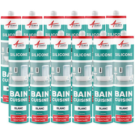 Arcane Industries – Joint silicone sanitaire 300 ml x 12 – Résistant aux moisissures – Pour douches et baignoires – Application facile en espaces humides