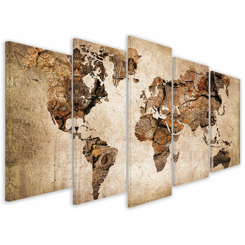 Tableau 5 parties carte du monde couleur bois - 150x80 cm