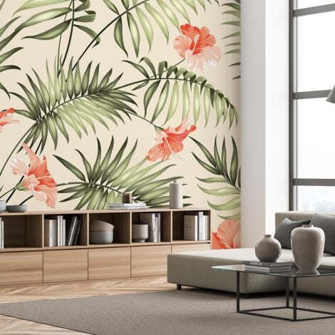 Papier peint fleurs roses tropicales