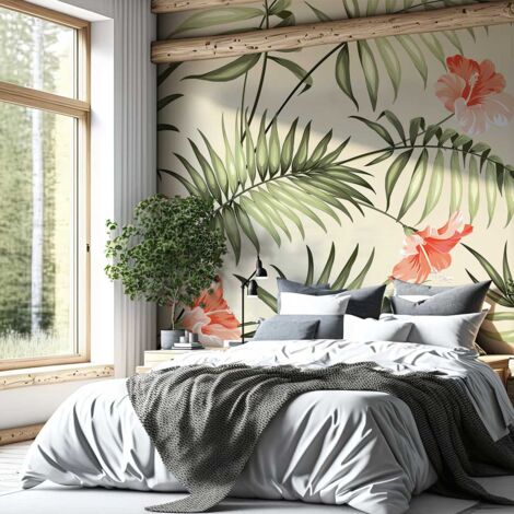Papier peint fleurs roses tropicales