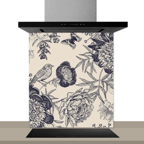 Fond de hotte décorative, botany noir et blanc 60x70 Fond de hotte (1/2)