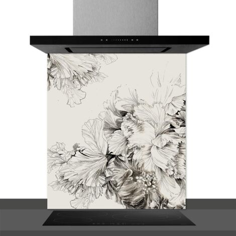 Fond de hotte décorative, fleurs au fusain noir et blanc 60x70 Fond de hotte