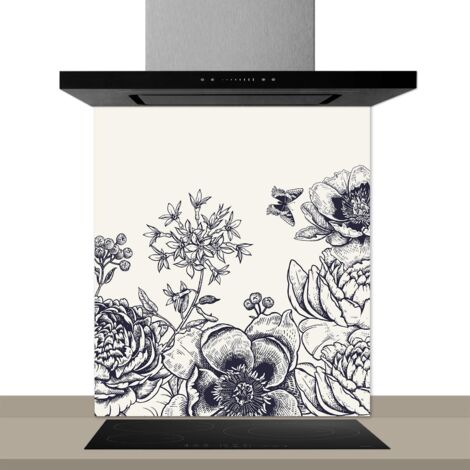 Fond de hotte décorative, croquis fleurs noir et blanc 60x70 Fond de hotte (1/2)