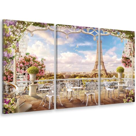 Tableau triptyque paysage illustré tour eiffel et terrasse de café - 90x60 cm (1/5)