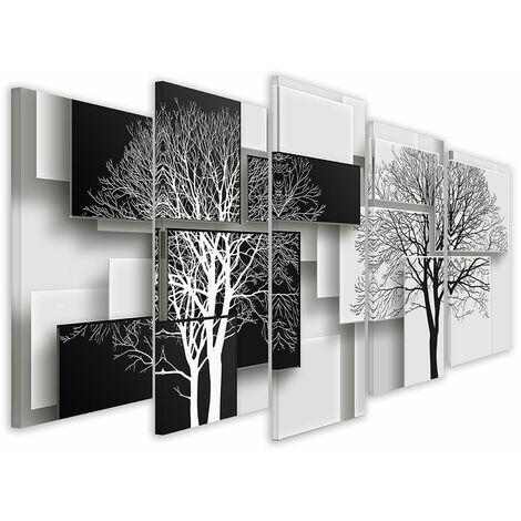 Tableau 5 parties graphique arbres sur fonds noir et blanc - 150x80 cm