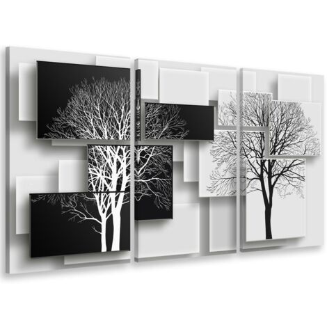Tableau triptyque graphique arbres noir et blanc 90x60 cm – Impression UVgel sur toile intissé – Finition mat premium sans substances nocives – Hxadeco