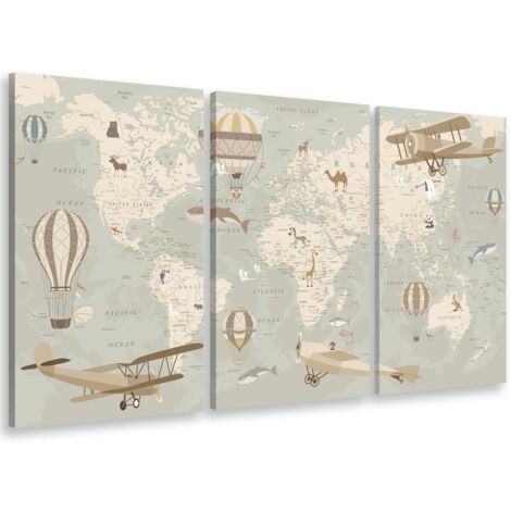 Tableau triptyque enfant carte du monde avions et montgolfières - 90x60 cm (1/5)