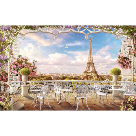 Tableau paysage illustré tour eiffel et terrasse de café - 80x50 cm (1/5)