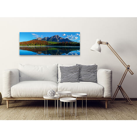 Tableau montagne, paysage en toile imprimée reflet montagne en automne, 80x30cm