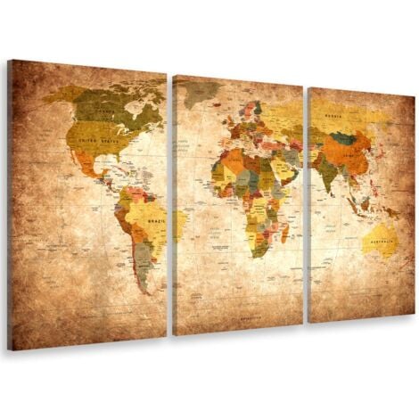 Tableau triptyque carte du monde ton orangé - 90x60 cm