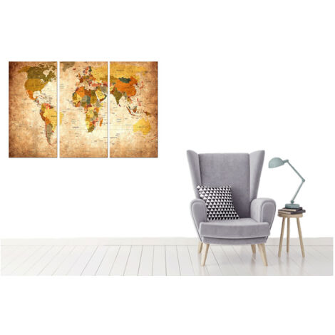 Tableau triptyque carte du monde ton orangé - 90x60 cm