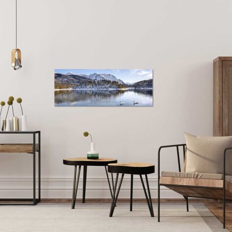 Tableau paysage cygnes en montagne - 80x30 cm