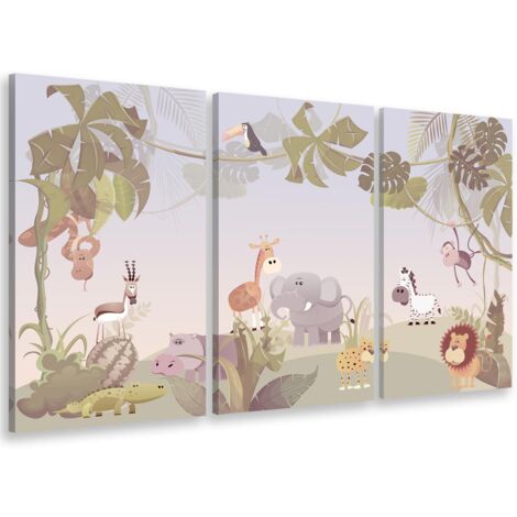 Tableau triptyque enfant scène d'animaux dans la jungle - 90x60 cm (1/5)