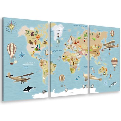 Tableau triptyque carte du monde animée en cyrillique - 90x60 cm