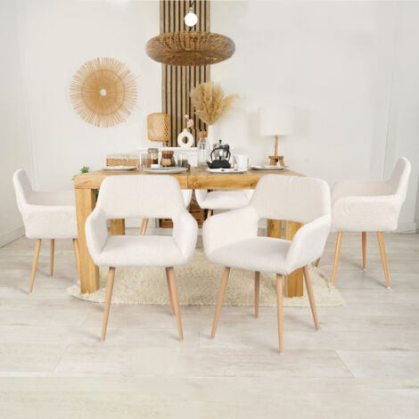 Meubles Cosy – Lot de 6 chaises scandinaves en tissu bouclette beige – Accoudoirs décoratifs – Structure en contreplaqué de hêtre – Hauteur d'assise 46 cm