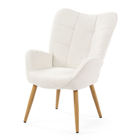 Meubles Cosy – Fauteuil scandinave relax avec accoudoirs – Housse en tissu bouclé 100% polyester – Structure métal époxy – Dimensions 62x50x90,5 cm (1/5)
