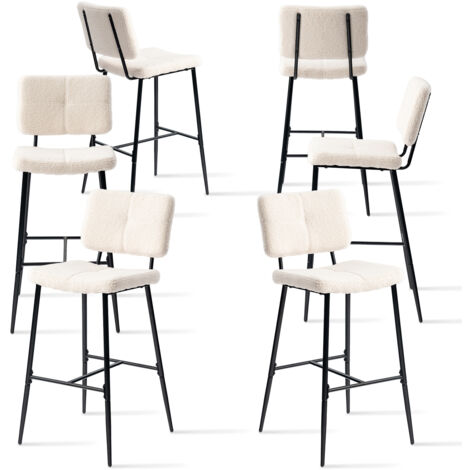 MEUBLES COSY Lot de 6 Tabouret de Bar Scandinave - Siège Rembourrés de 75 cm de Haut - Chaises Hautes en bouclette Beige - pieds et repose pieds en métal noir (1/5)