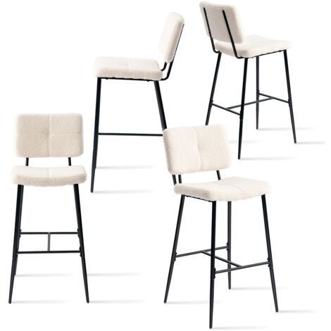 Meubles Cosy – Lot de 4 tabourets de bar scandinaves – Assise rembourrée 75 cm – Tissu bouclette beige – Pieds en métal noir antidérapants (1/5)