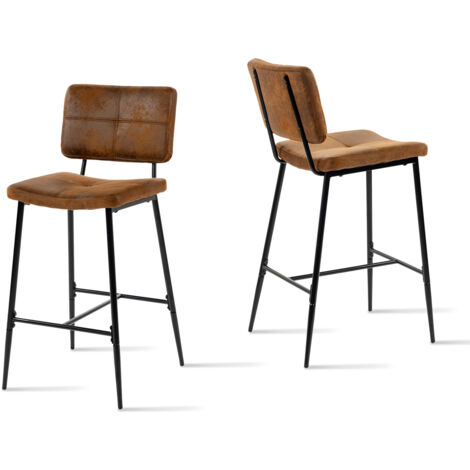 Meubles Cosy – Lot de 2 tabourets de bar en suédine – Hauteur 75 cm – Dossier ergonomique – Pieds en métal noir – Repose-pieds antidérapant