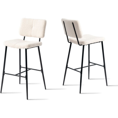 Meubles Cosy – Lot de 2 tabourets de bar scandinaves – Assise rembourrée 75 cm – Tissu bouclette beige – Pieds en métal noir antidérapants