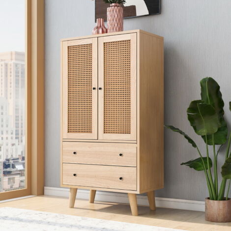 Meubles Cosy – Armoire de rangement 2 portes en bois massif effet chêne – 2 étagères et 2 tiroirs – Fermeture magnétique et pieds en pin robuste (1/5)
