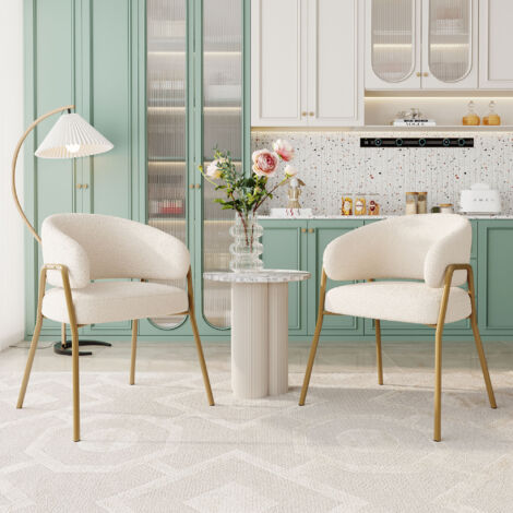 MEUBLES COSY Lot de 2 Chaise Salle à Manger avec Accoudoirs en Bouclette Blanc Pieds en Métal Or (1/5)