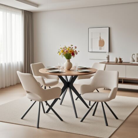 MEUBLES COSY Ensemble de salle à manger 5 pièces, table ronde avec pieds croisés en métal + 4 chaises de salle à manger en microfibre beige