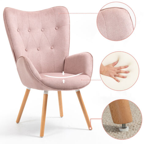MEUBLES COSY Fauteuil Salon - Style Scandinave - Tissu Rose et Pieds en Bois de Hêtre - 68x73x106cm