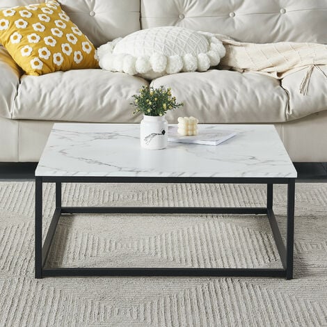 MEUBLES COSY Moderne Table Basse Bout Canapé 80x80cm - Plateau Panneau Bois Marbre - Métal Peint Noir
