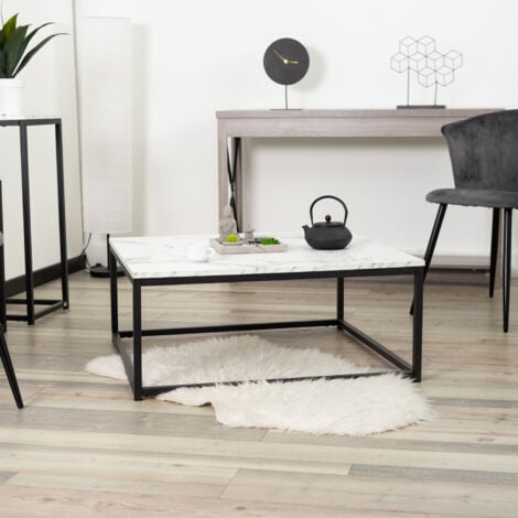 MEUBLES COSY Moderne Table Basse Bout Canapé 80x80cm - Plateau Panneau Bois Marbre - Métal Peint Noir