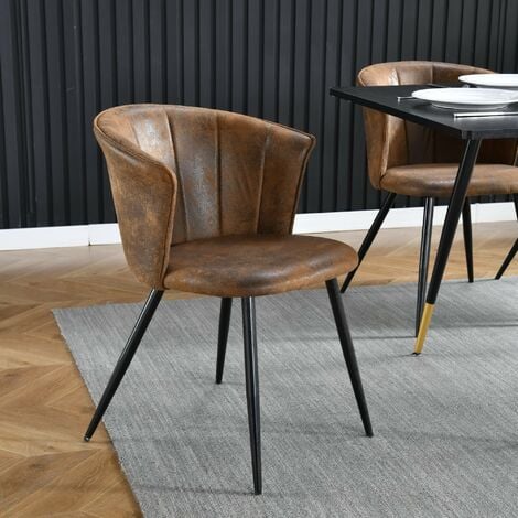 Lot de 2 chaises de salle à manger - rétro Fauteuil - assise rembourrée en Suédine - pieds en métal Noir - pour cuisine Salon chambre bureau, Marron