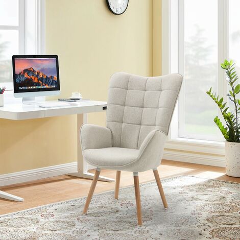 MEUBLES COSY Fauteuil avec revêtement en tissu beige, structure de dossier en métal, assise en contreplaqué et pieds en bois naturel de style scandinave
