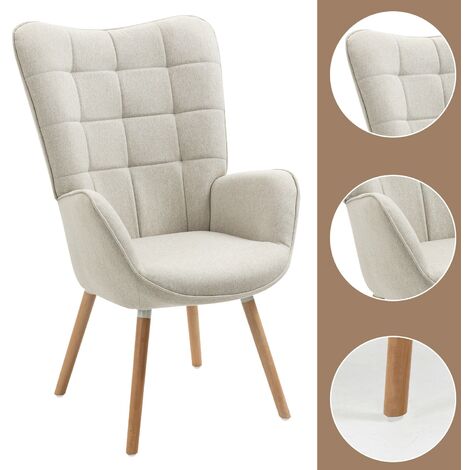 MEUBLES COSY Fauteuil avec revêtement en tissu beige, structure de dossier en métal, assise en contreplaqué et pieds en bois naturel de style scandinave